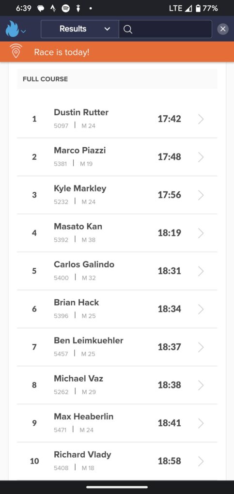 Top 10 ranking for a 5K Cross Country race.